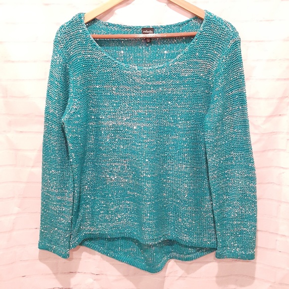 Rafaella Sweaters - Rafaella Marled Turquoise Sequin Pullover Sweater